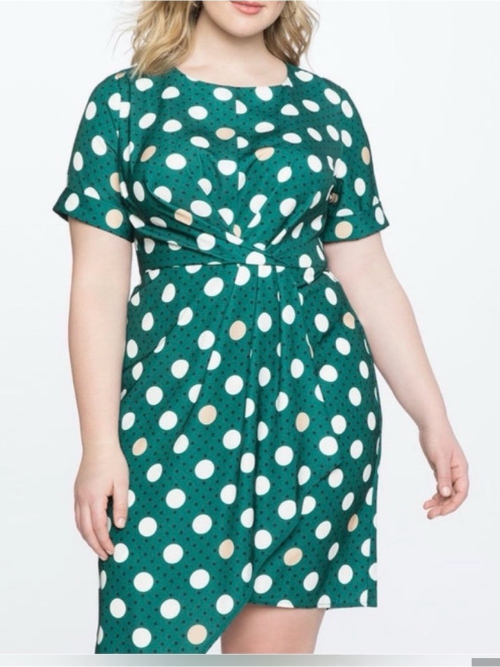 Eloquii Green Polka Dot Dress with White and Tan Circles